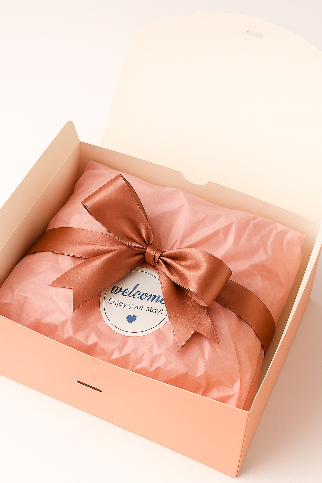 Gift box with pink satin ribbon and 'welcome' card on a light background